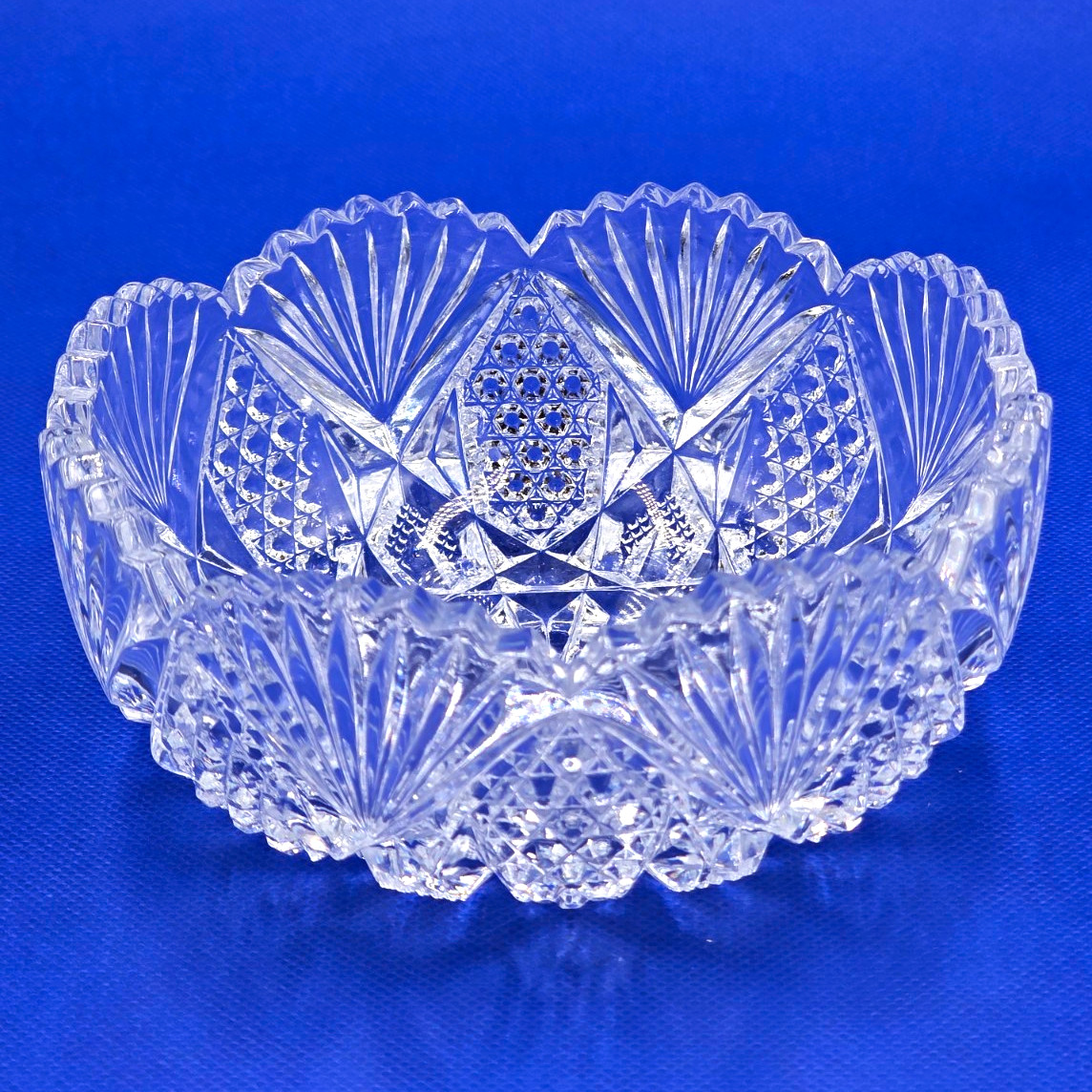 Antique ABCG Cut Glass Bowl American Brilliant Starburst Fan Cane Pattern 6.5