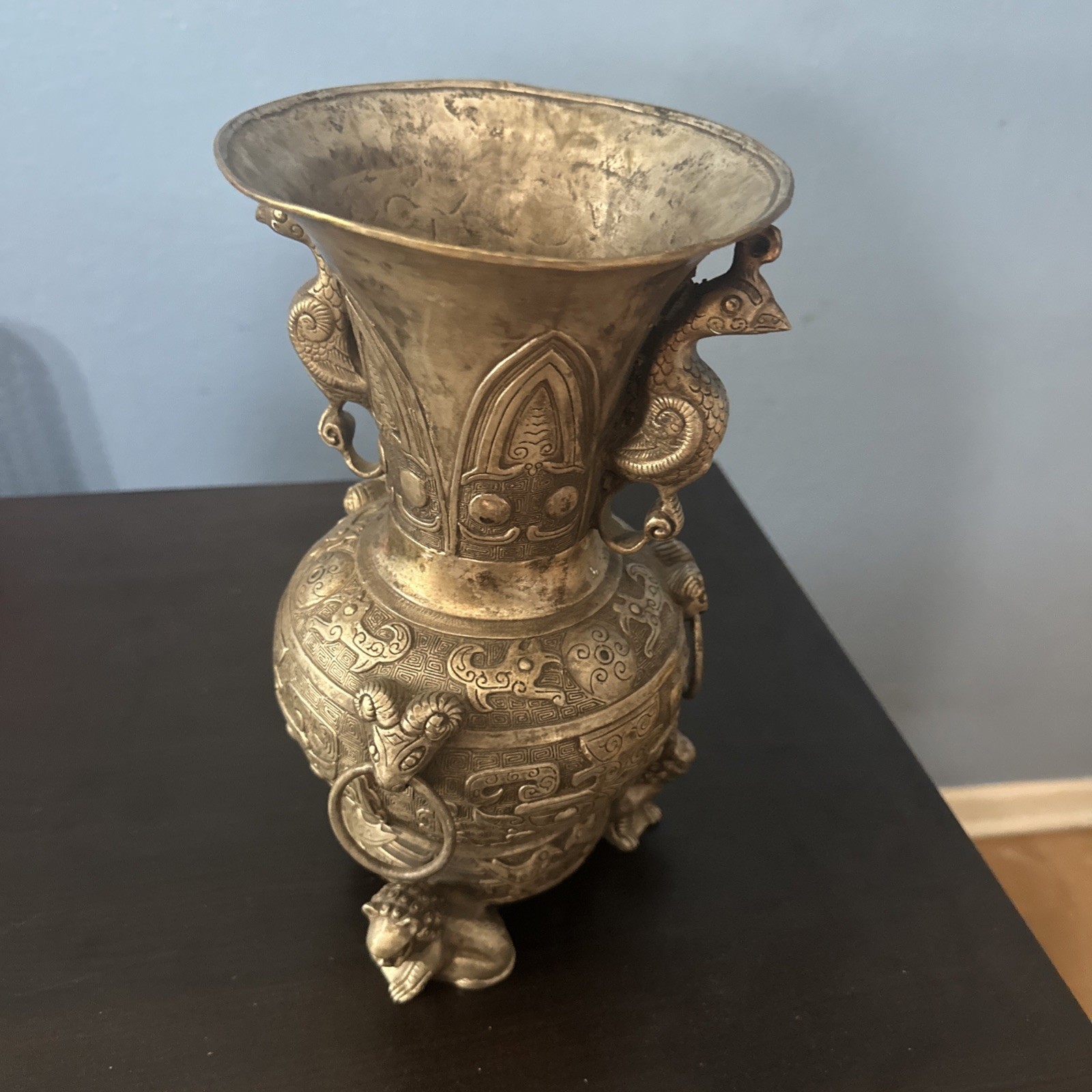 11” China Old Silver Dynasty Phoenix Bird Lion Beast Sheep Head Bottle Vase. OBO