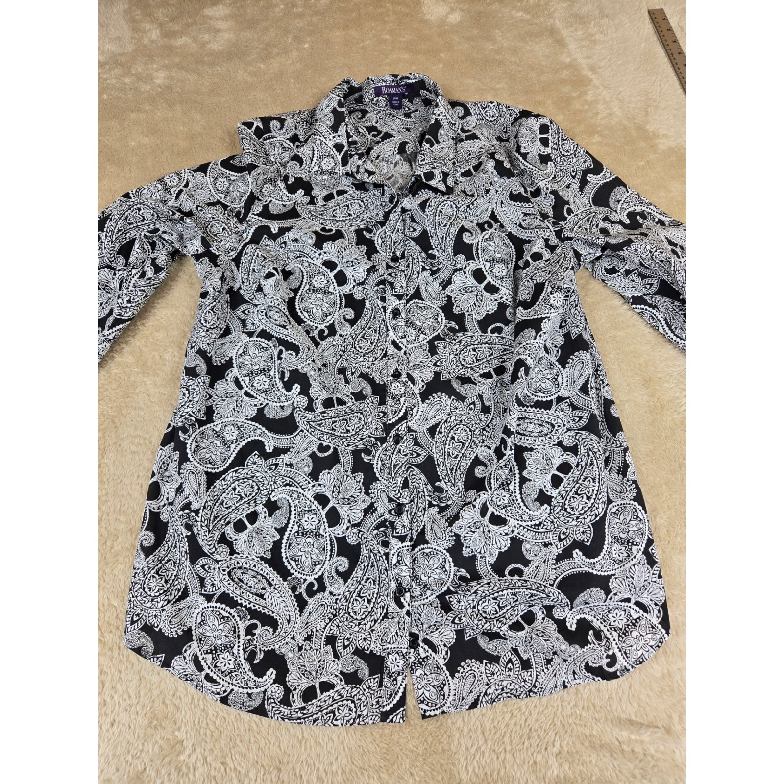 Roamans Womens 20W Black White Paisley Button Down Tunic Long Sleeve Shirt 09282