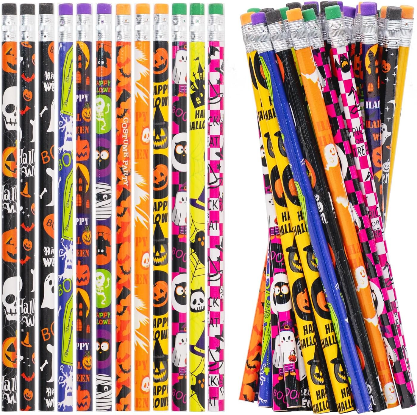48 Pcs Halloween Pencils with Eraser, Halloween Wood Pencils Bulk for Halloween