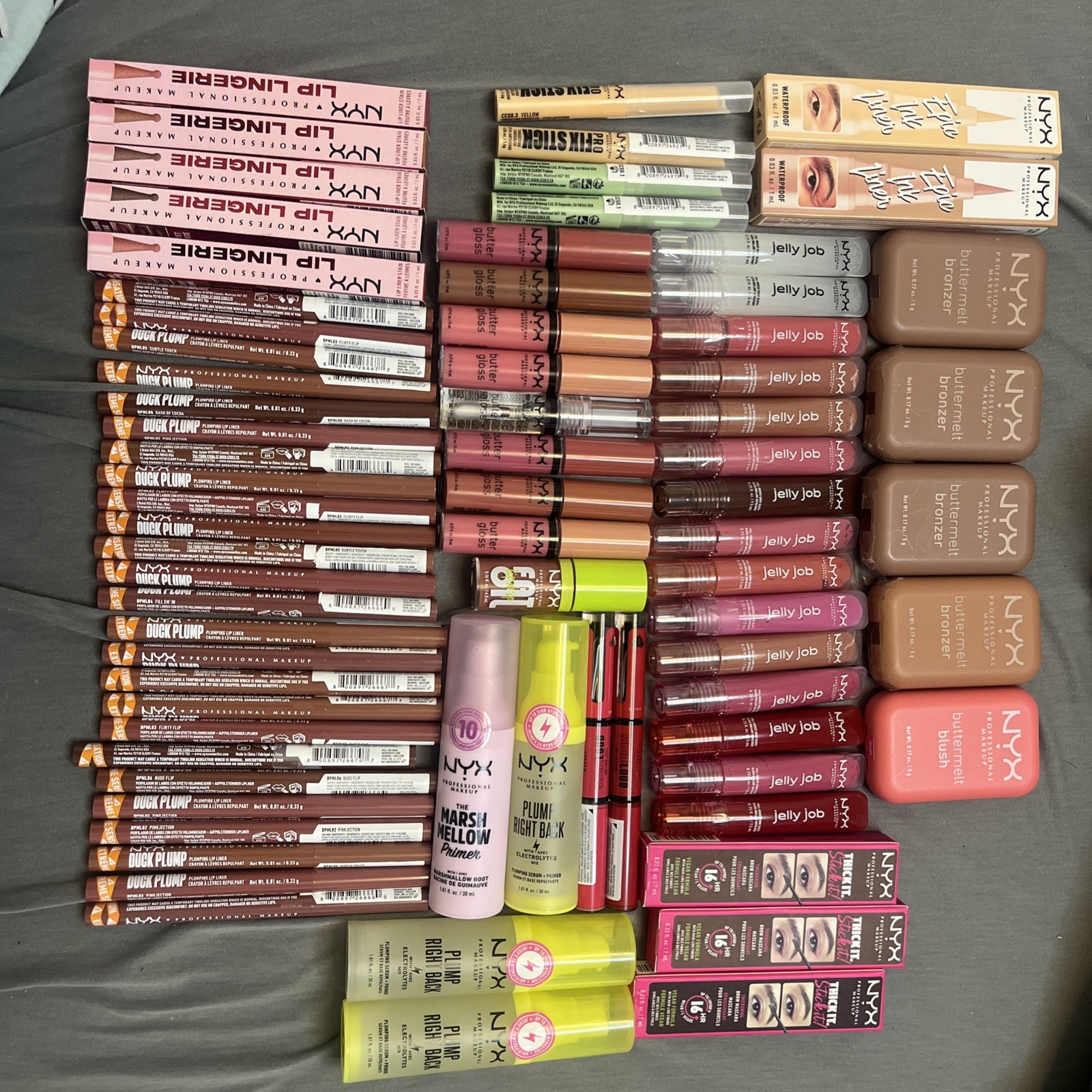 NEW NYX Makeup Lot 79 Pc Buttermelt Bronzer Gloss Jelly Epic Ink Sealed NEW NYX Makeup Lot 79 Pc Buttermelt Bronzer Gloss Jelly Epic Ink Sealed