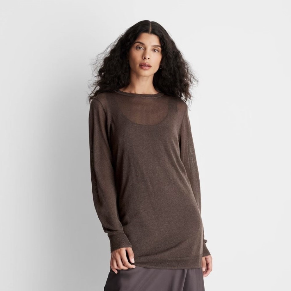 Future Collective Crewneck Sheer Sweater Womens XXS Long Sleeve Brown