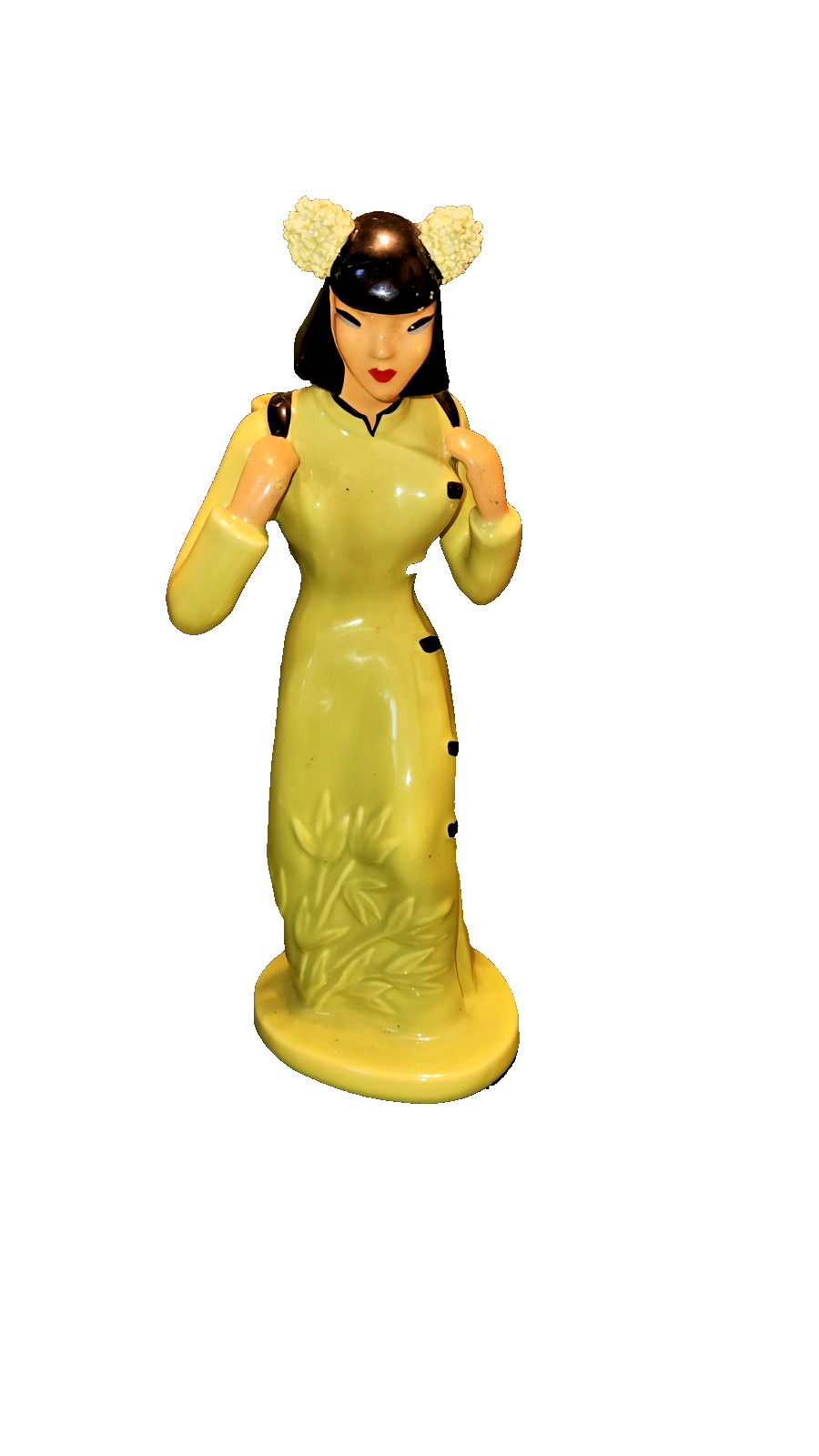 VTG YONA of California Asian Chinoiserie figurine yellow dress black accents 11\