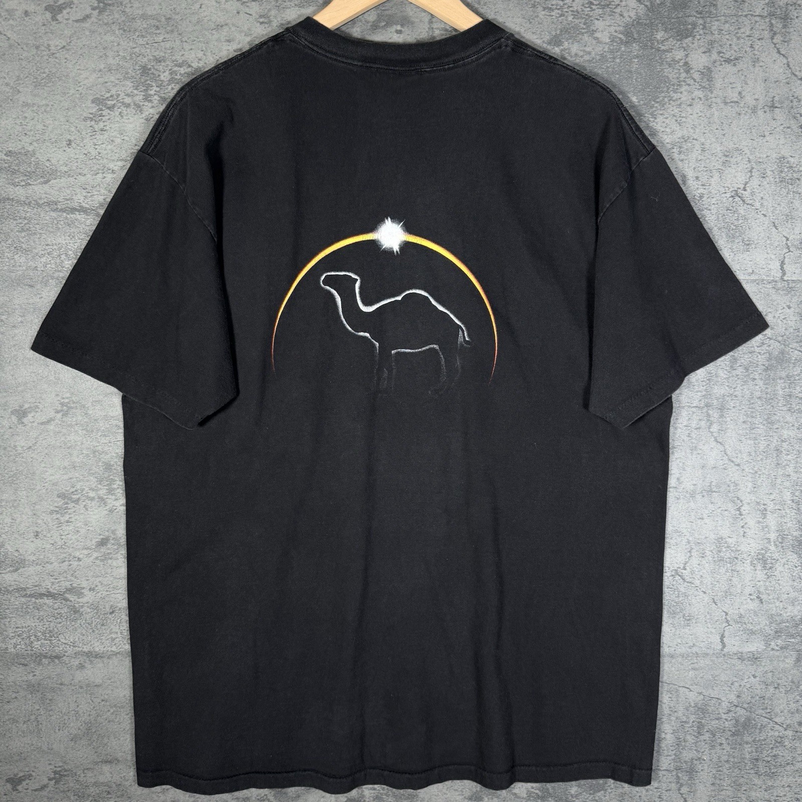 Vintage 90s Camel Cigarette Black Faded Pocket Logo Eclipse Graphic T Shirt