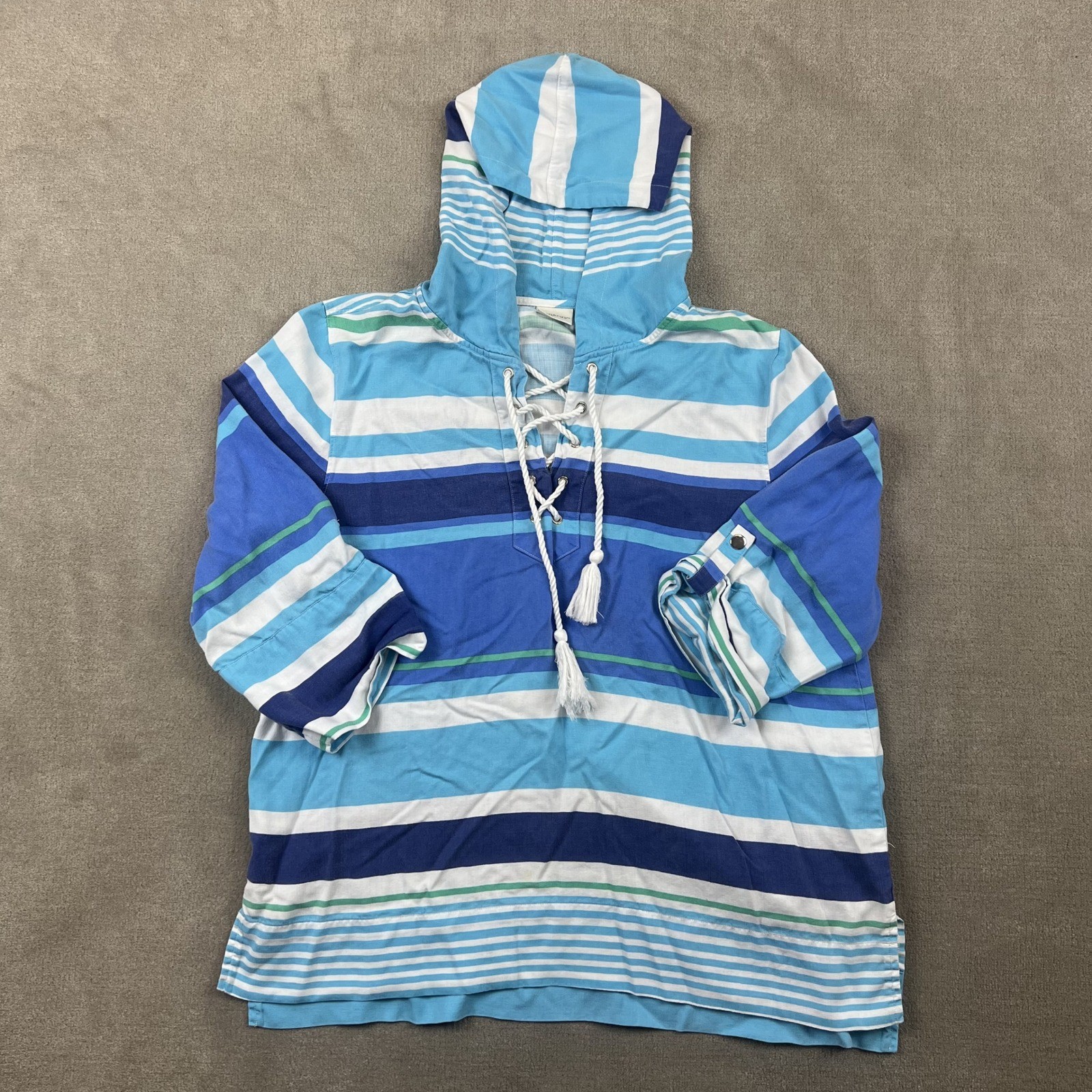 Chico\'s Zenergy Hoodie Women 2 Large Blue Stripe Lace Up Tassel Lyocell Top