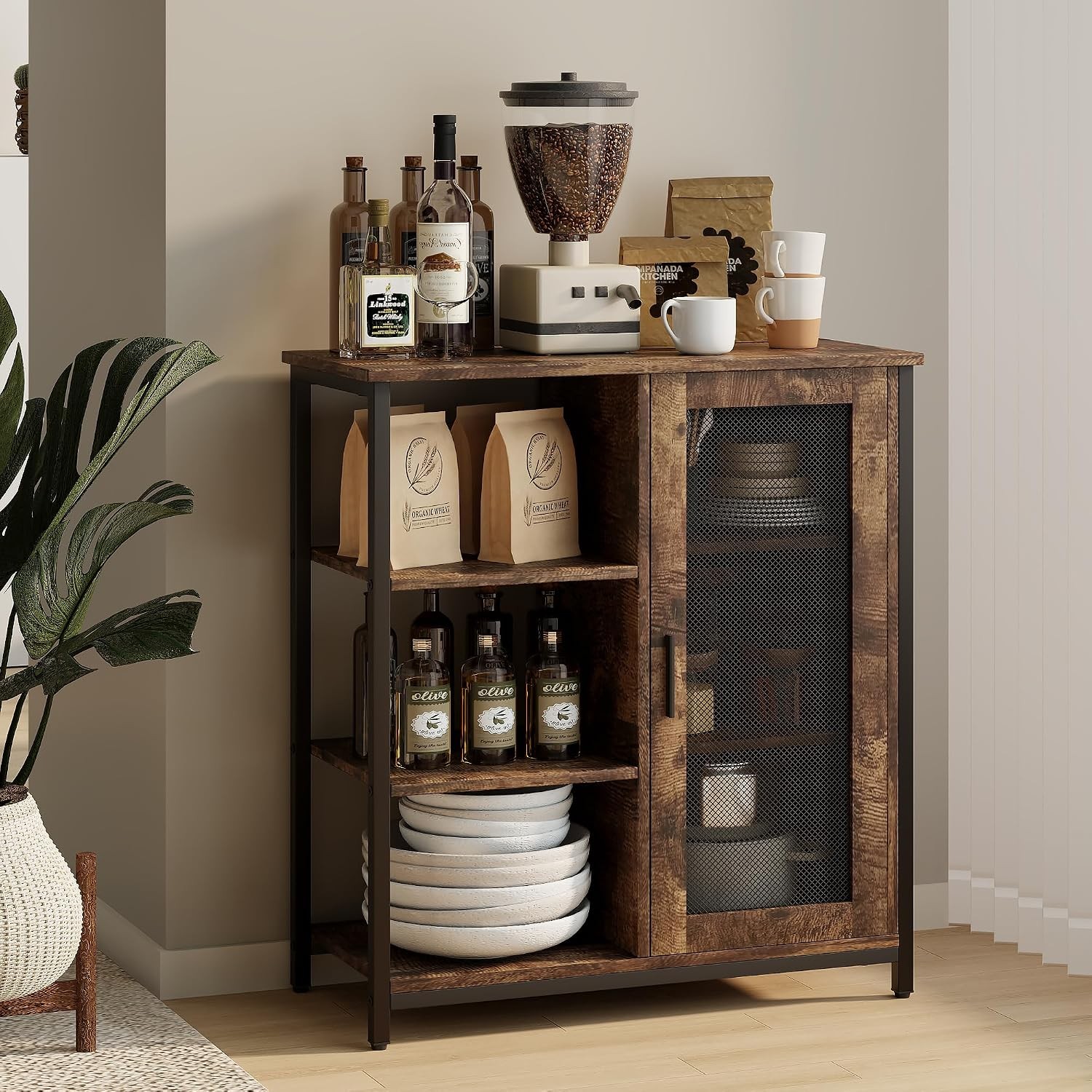 Coffee Bar Cabinet with Adjustable Shelves and Door, Rustic Brown