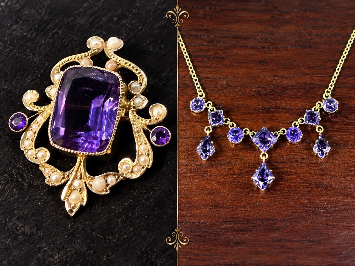 Antique Pair of 9c Gold Convertible Brooch/Necklace Set w/ Amethyst, Seed Pearls