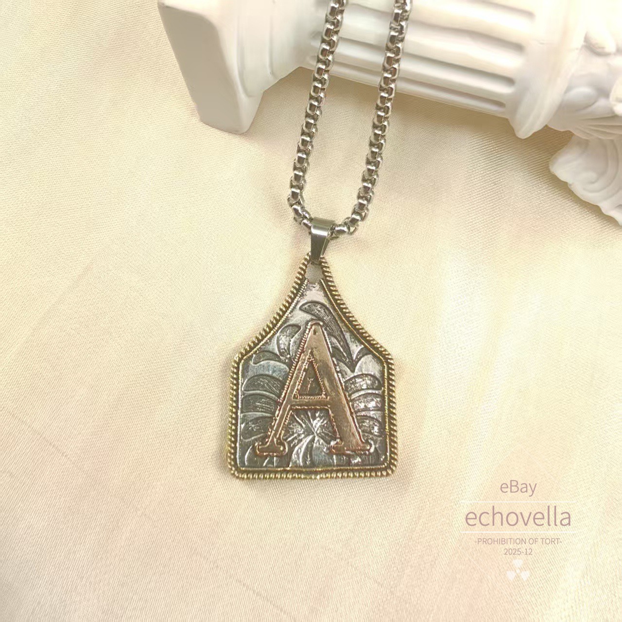 Antique Western Cross Cow Tag Necklace Golden Rope Edge Initial Letter Jewelry