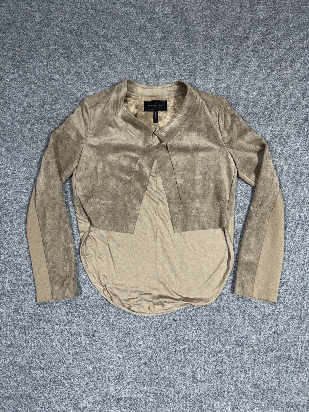 Vintage BCBG MAXAZRIA Medium Norton Khaki Crop Jacket Beige Cowl Draped Back