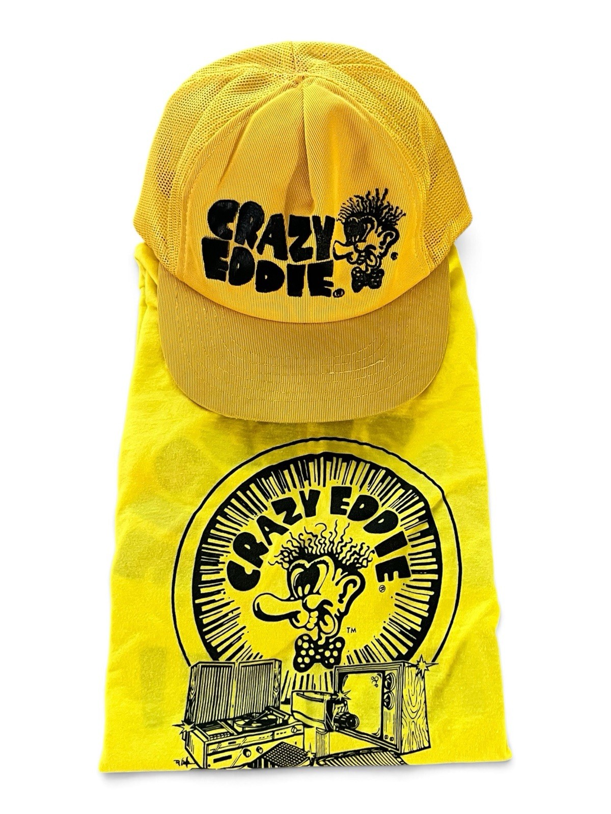 Set VTG Crazy Eddie Yellow 80s NYC New York Prices Are Insane ~HAT and T-Shirt L