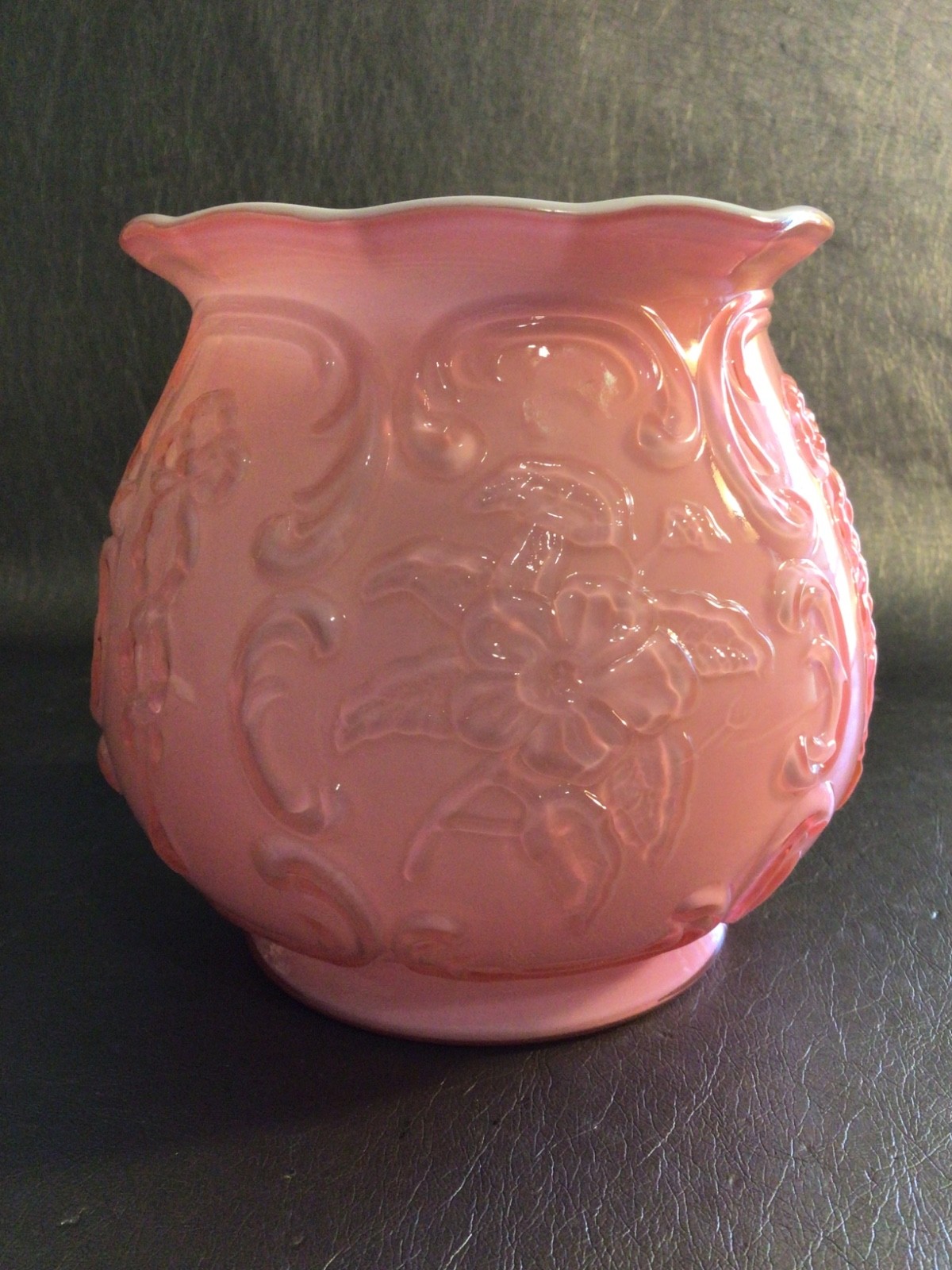 Fenton Coral Pink Overlay in Wild Rose & Bowknot Pattern Vase 1961-1964 Fenton Coral Pink Overlay in Wild Rose & Bowknot Pattern Vase 1961-1964