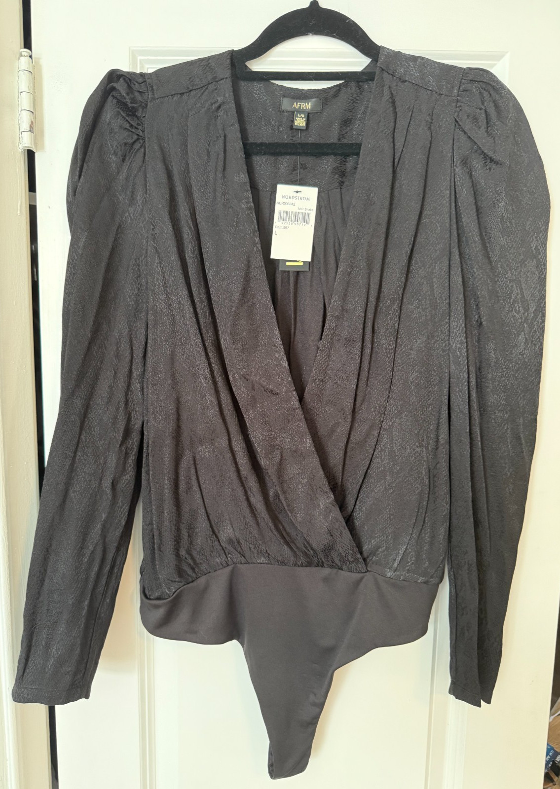 AFRM Noir Snake Wrap Bodysuit Puff Sleeve Black Snakeskin Size Large  NWT