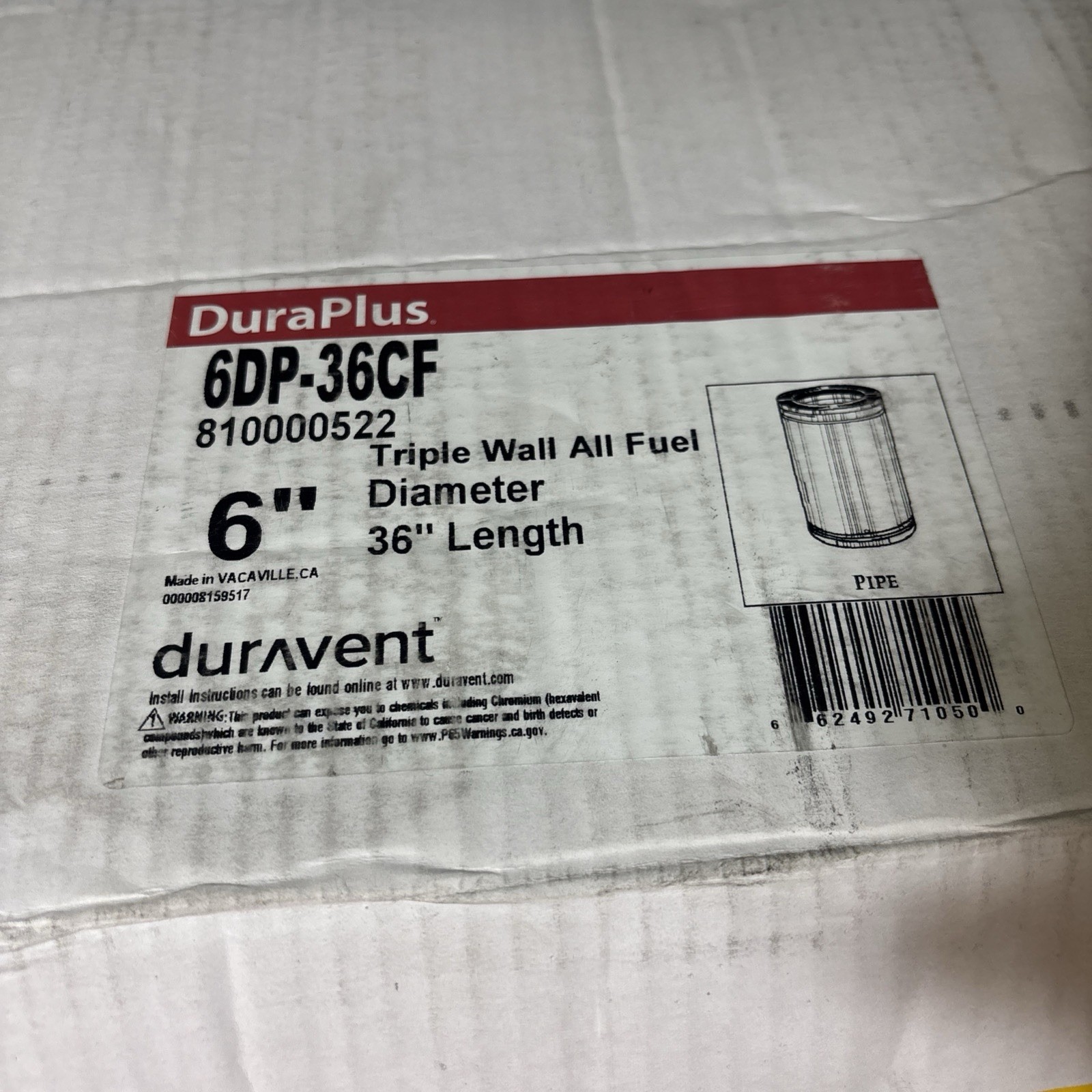 Duravent 6DP-36CF Triple Wall All Fuel 36in 6in Diameter Vent  - 