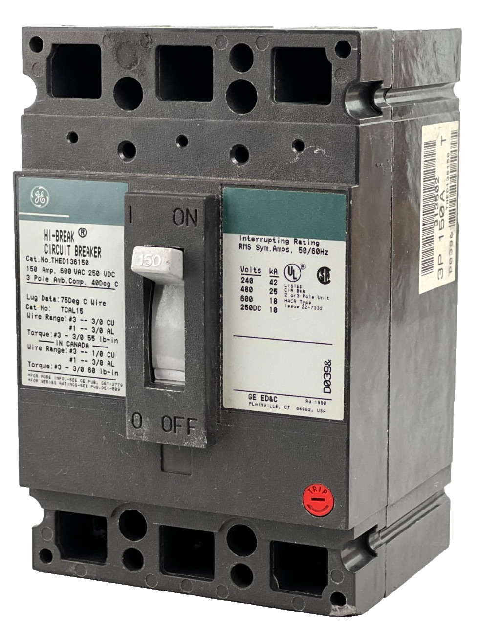 GE THED136150WL 150 Amp 3 Pole Circuit Breaker 600V— New Chipped Corner No Box GE THED136150WL 150 Amp 3 Pole Circuit Breaker 600V— New Chipped Corner No Box