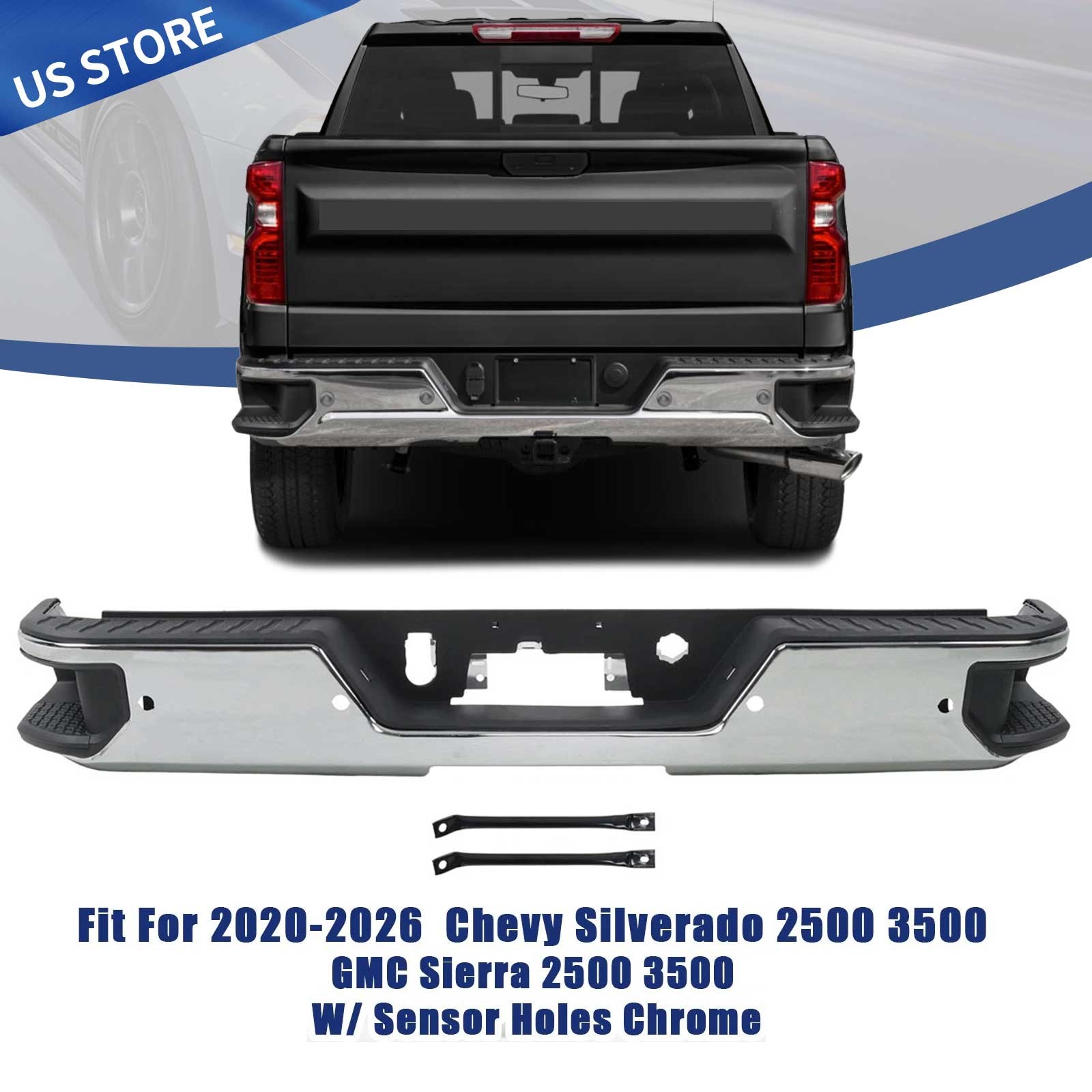 Chrome Rear Bumper Assembly For 2020-2026 Sierra Silverado 2500 3500 W/ Sensors