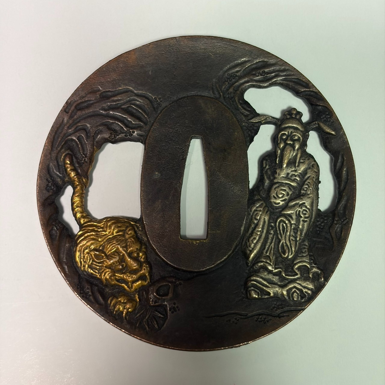 Japanese Antique Tsuba Kiunsai Yasukuni Signed Shakudo Copper Tiger & Sage