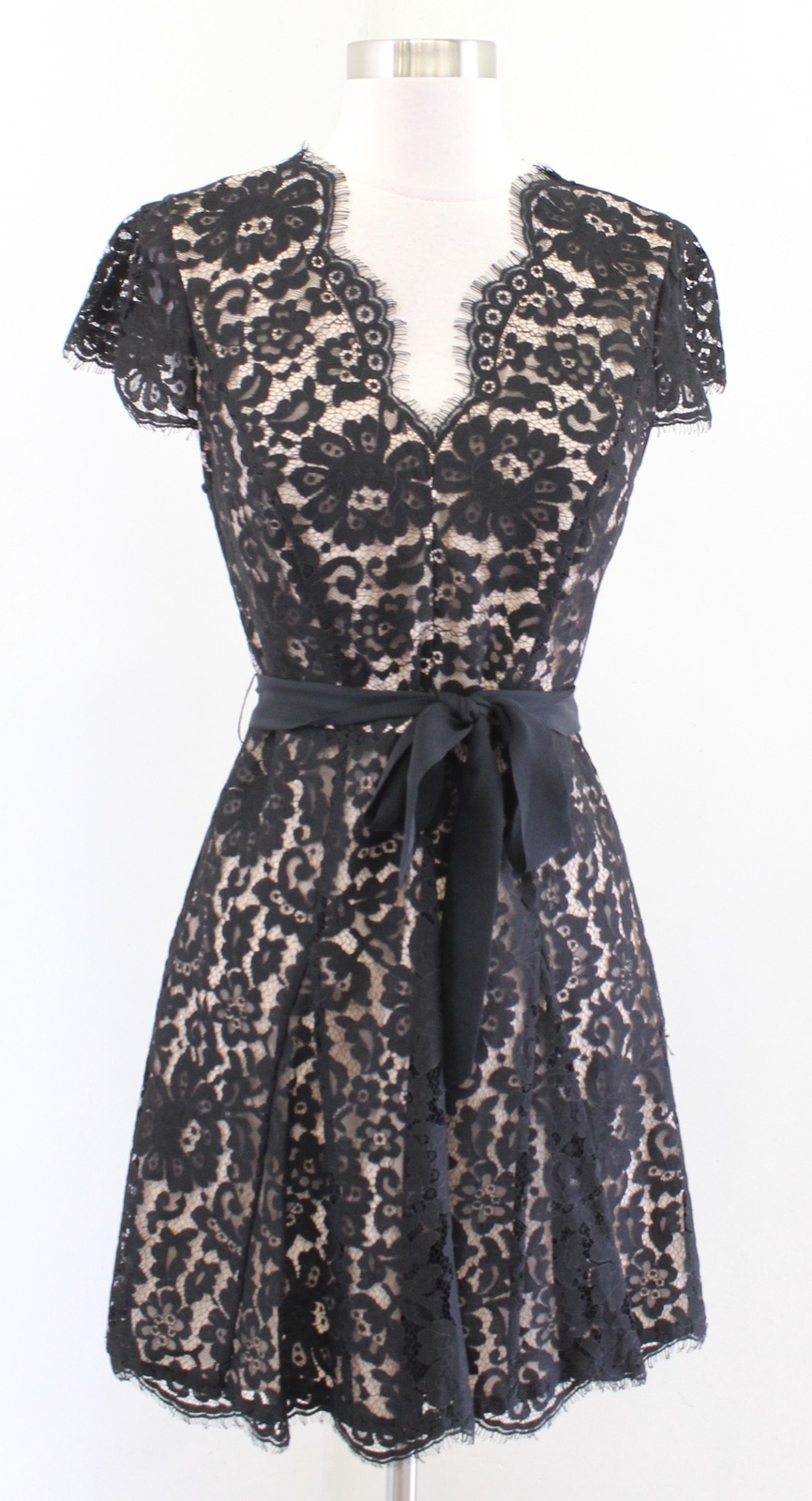 Joie Sloane Black Lace Illusion Cap Sleeve Mini Dress Sz 2 Cocktail Party Flare Joie Sloane Black Lace Illusion Cap Sleeve Mini Dress Sz 2 Cocktail Party Flare