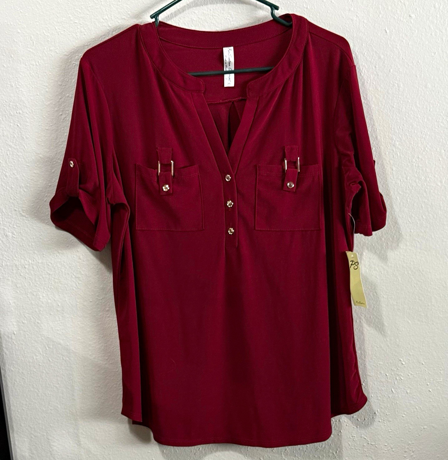 NWT Per Seption Concept Burgundy Split Neck Short Sleeve Button Jersey Blouse XL NWT Per Seption Concept Burgundy Split Neck Short Sleeve Button Jersey Blouse XL