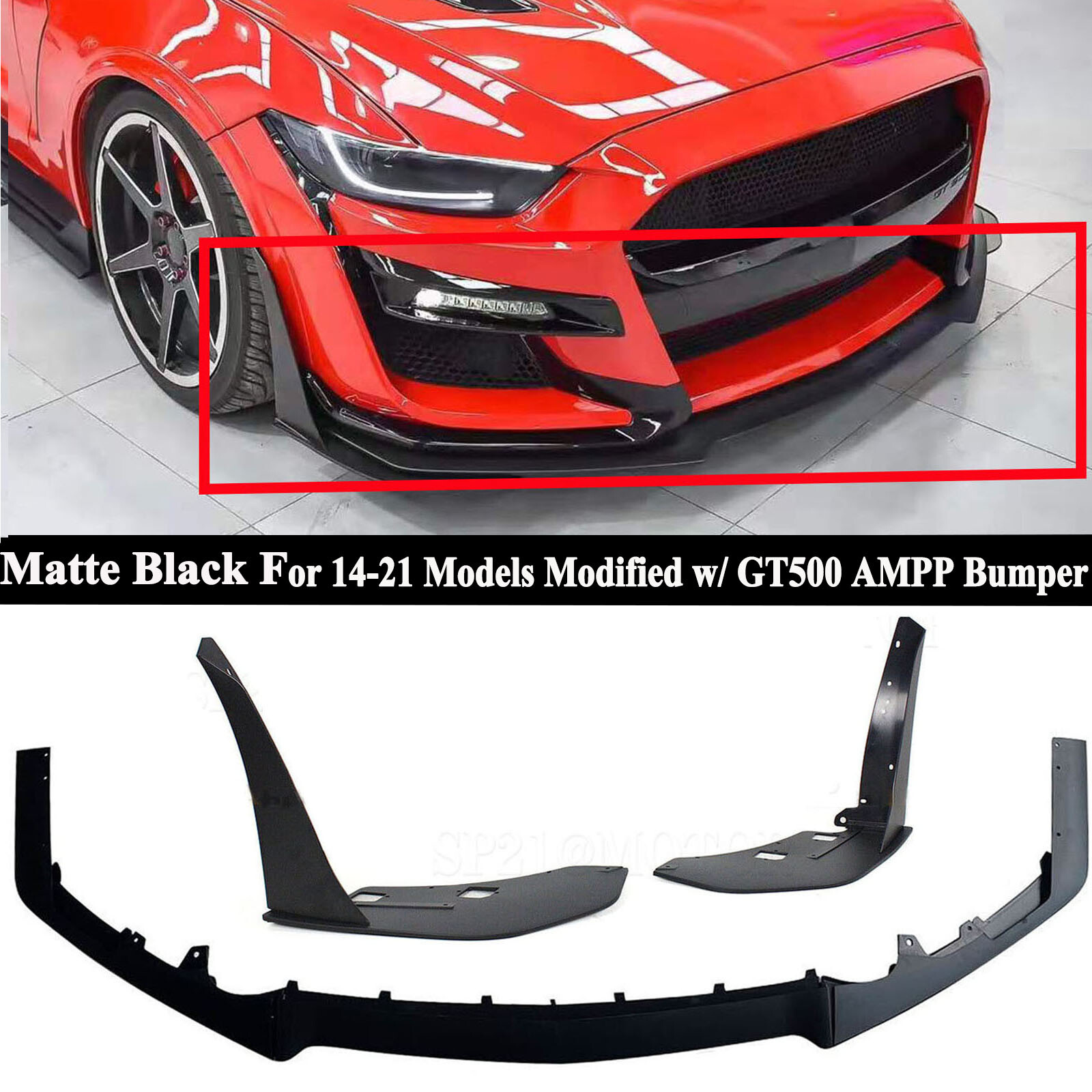 For Ford Mustang 14-21 Modified W/ GT500 AMPP Bumper Front Lip &Winglet Splitter