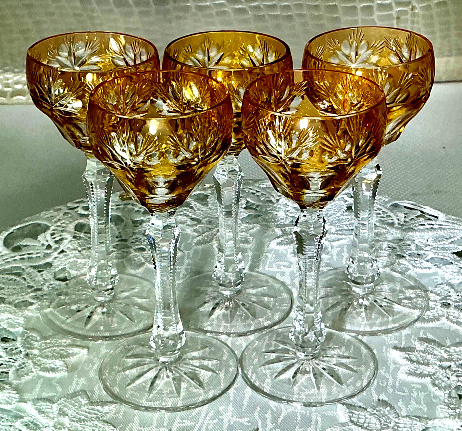 Cut to Clear Glass Crystal Set 5 Nachtmann Amber Yellow Cordial Liquor Glasses. Cut to Clear Glass Crystal Set 5 Nachtmann Amber Yellow Cordial Liquor Glasses.