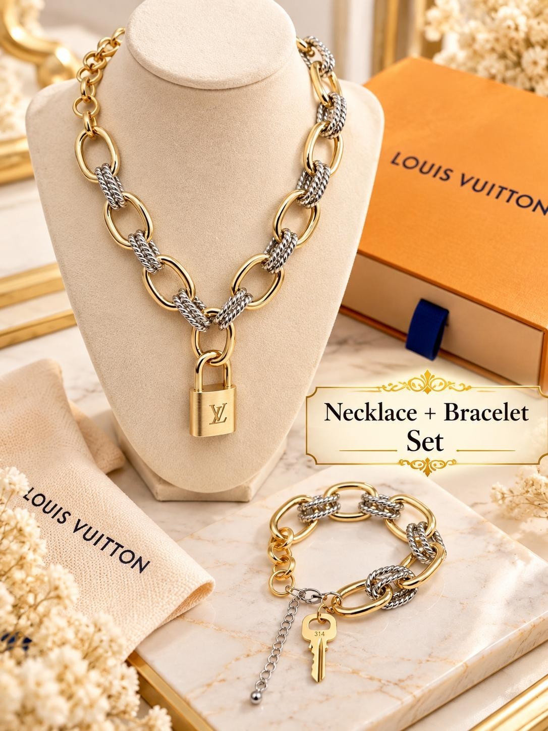 Authentic Louis Vuitton Gold Padlock with Stainless Steel Necklace+ Bracelet Set
