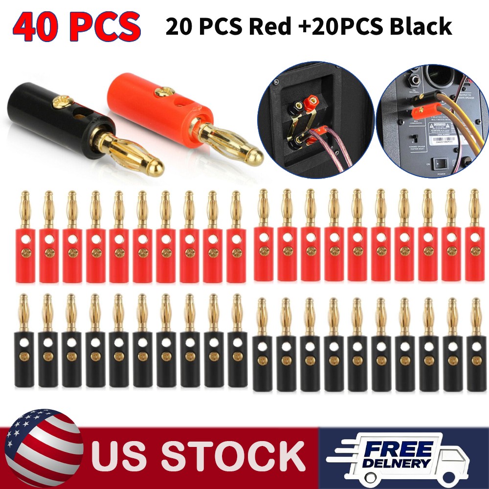 40PCS 4mm Gold Plated Banana Plugs Audio Jack Speaker Wire Cable Screw Connector