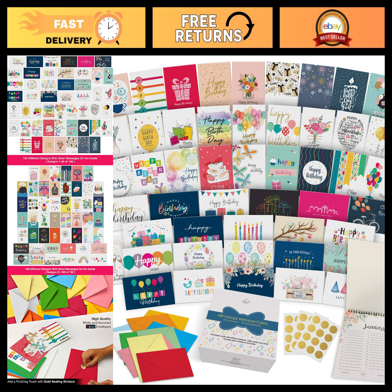 100 Unique Birthday Cards Assortment with Envelopes, Gold Seals & Calendar Box