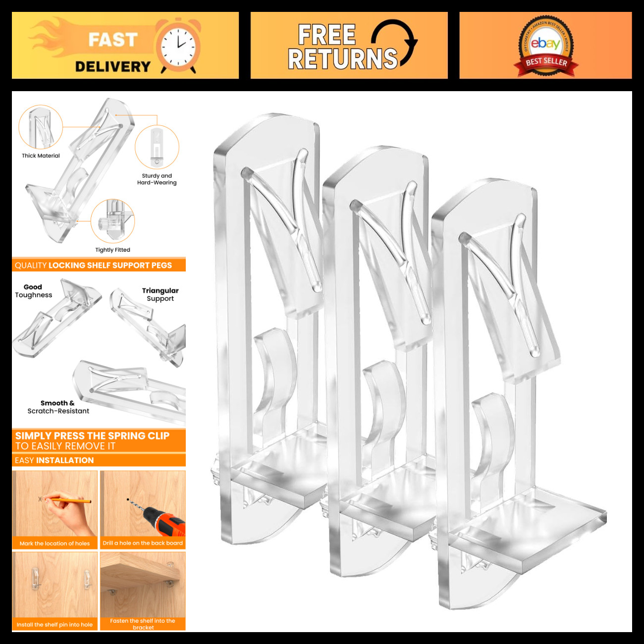 40Pcs Clear Plastic Shelf Support Pegs, 5mm Self-Locking Pins for Cabinets & She