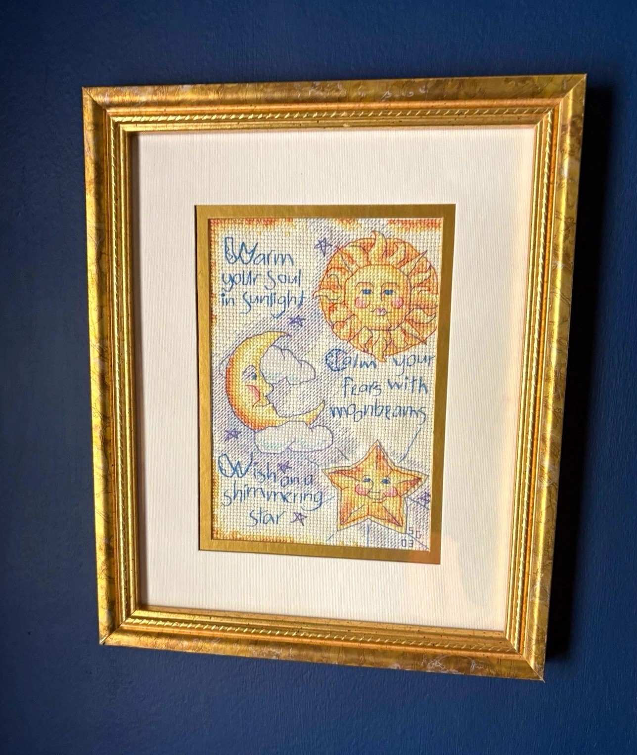 Vintage Celestial Framed Cross Stitch Sun Moon Star Quote Wall Decor Art