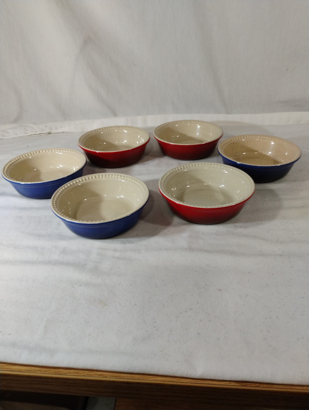 Vintage Le Creuset Glossy Ceramic Bowl Set 6 Red Blue Beige Solid Round 5\ Vintage Le Creuset Glossy Ceramic Bowl Set 6 Red Blue Beige Solid Round 5\