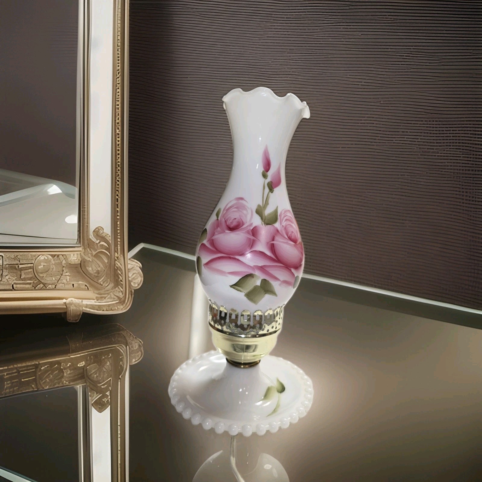 VTG Hand-Painted Milk Glass Hurricane Boudoir Lamp MCM Cottagecore 1950s