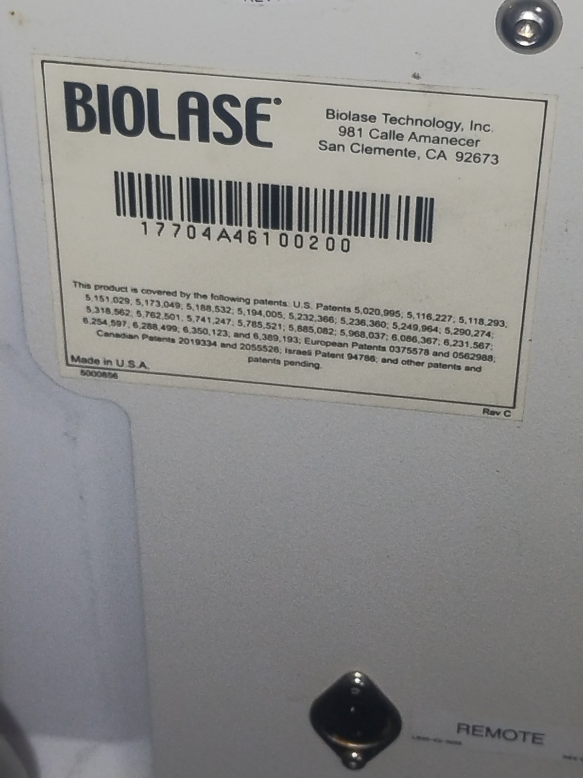 Biolase Waterlase Dental Laser System + Handpiece Foot Pedal.