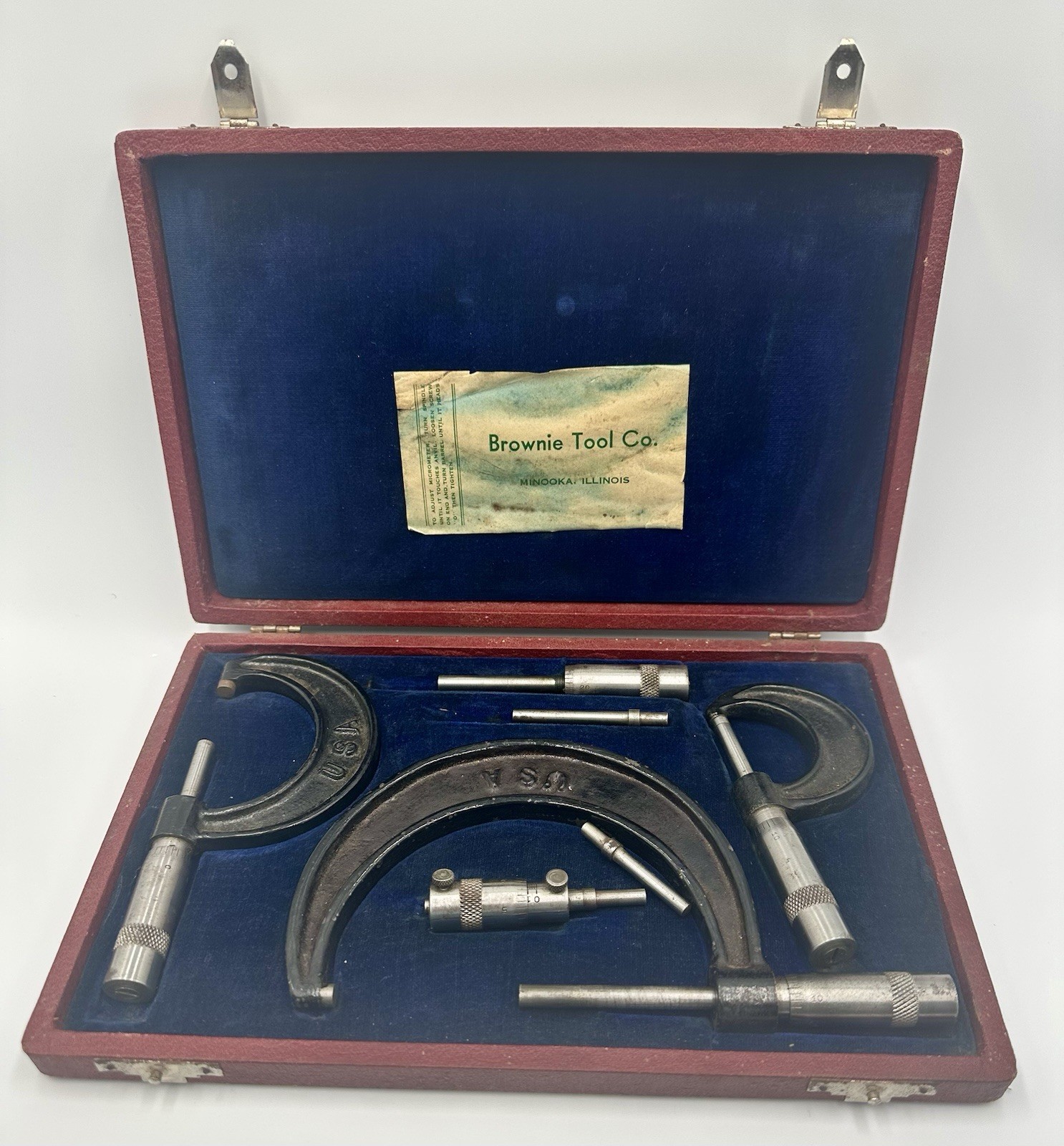 Vintage Brownie Tool Co. Machinist Micrometer Set w/ Case Minooka Illinois USA