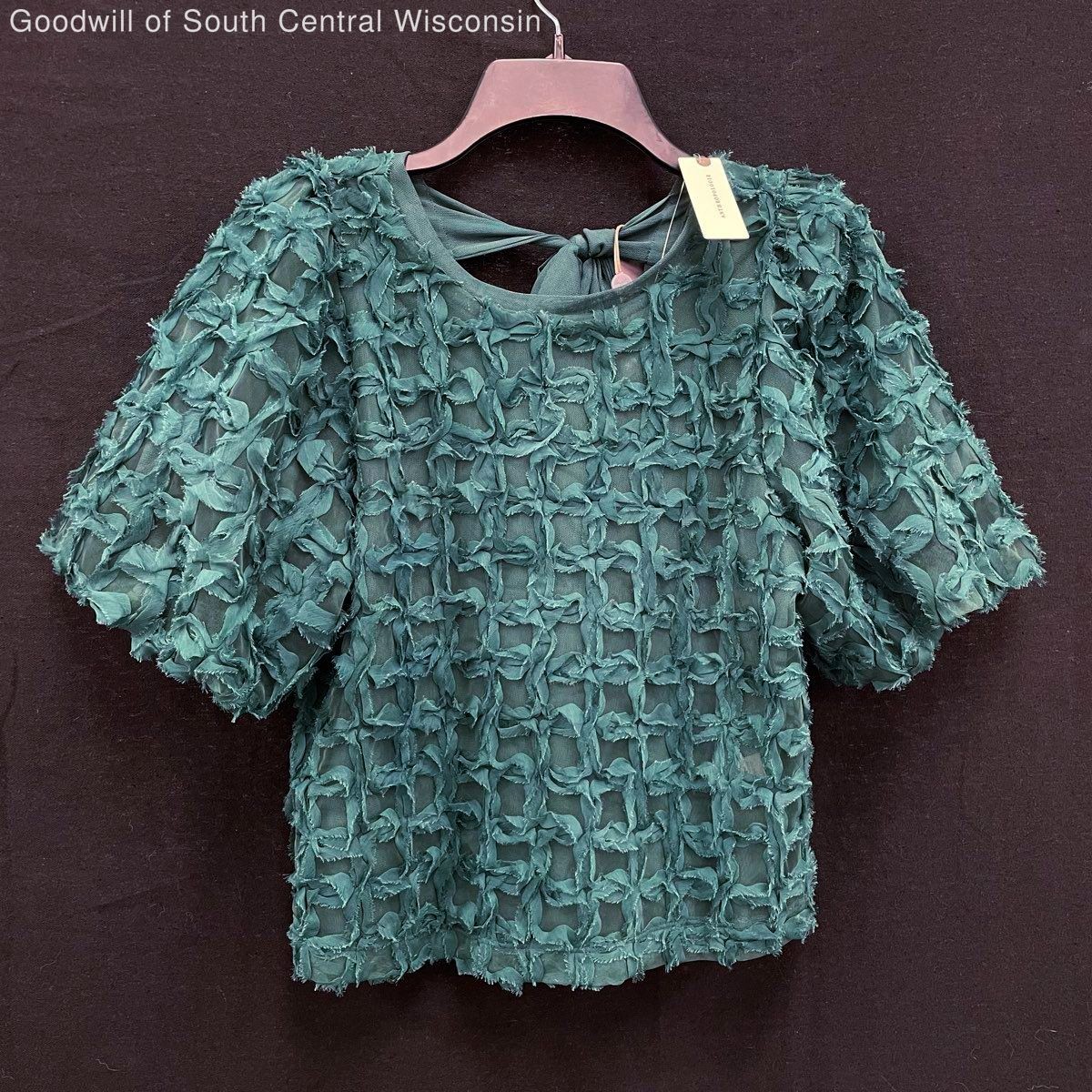 NWT Wmns ANTHROPOLOGIE Sarah Hann Blue Green Textured Short Puff Sleeve Top Sz M