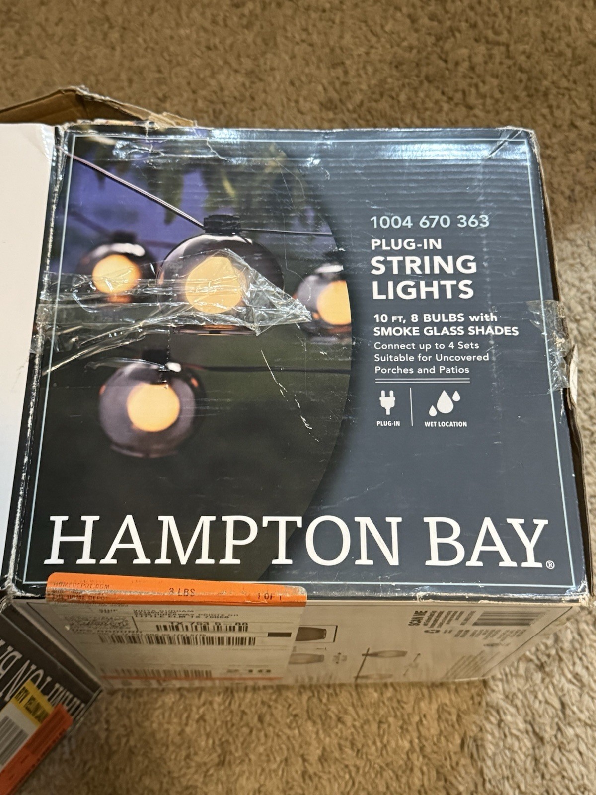 Hampton Bay 10 ft. Black Plug-In String Light w/ Smoky Glass Shades & Bulbs