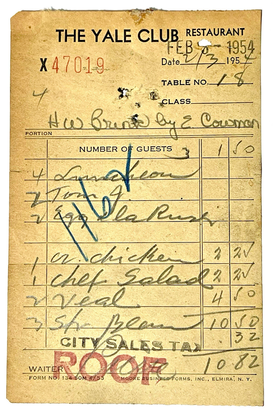 RARE FEBRUARY 3, 1954- THE YALE CLUB RESTAURANT RARE FEBRUARY 3, 1954- THE YALE CLUB RESTAURANT