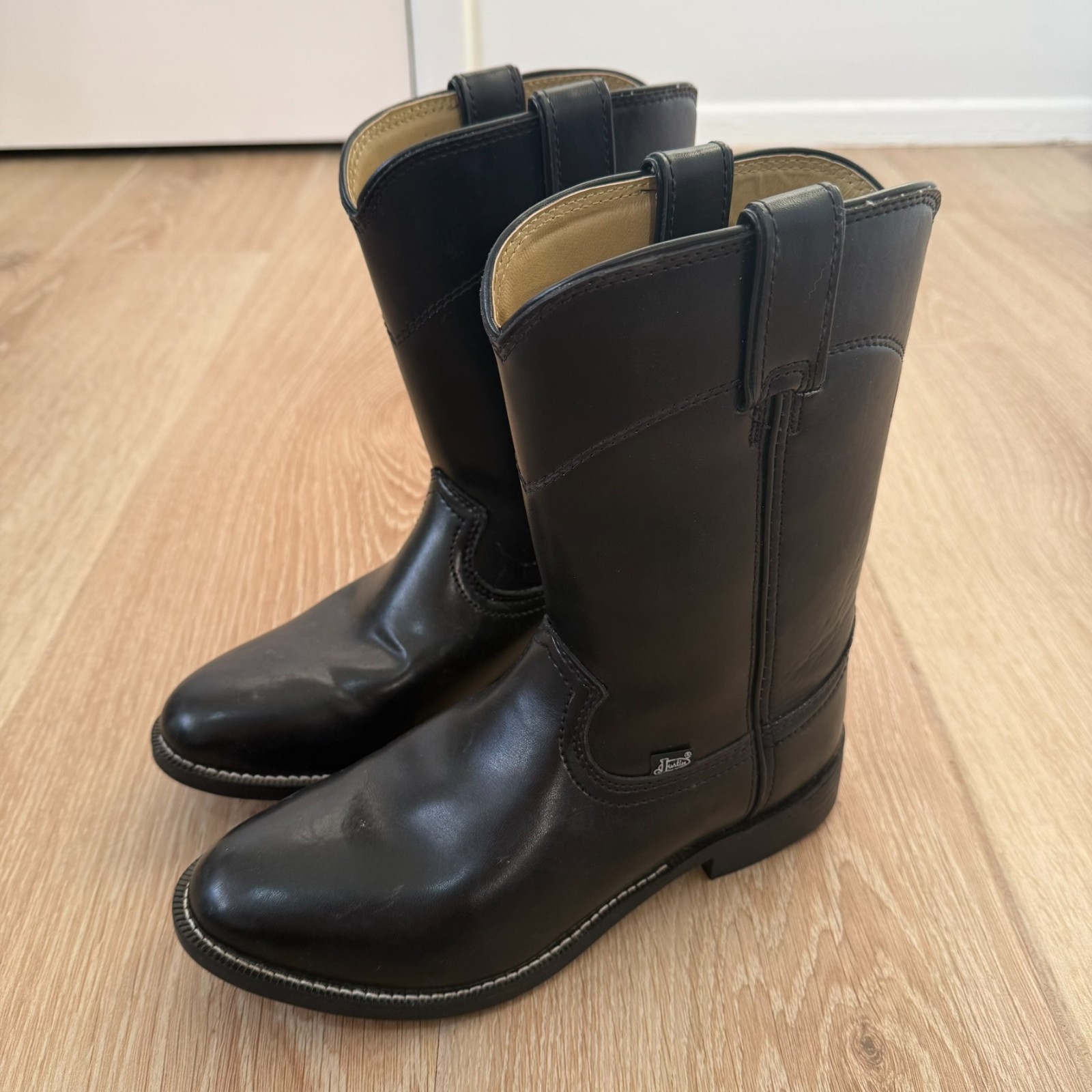 Justin Basic Dress Roper Mens Black Leather Cowboy Western Boots 9.5 EE JB3000