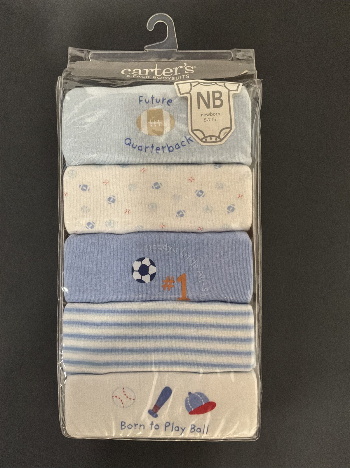 Carter\'s Newborn Boys 5 Pack Bodysuits 5-7 LBS Sports Football Baseball NEW