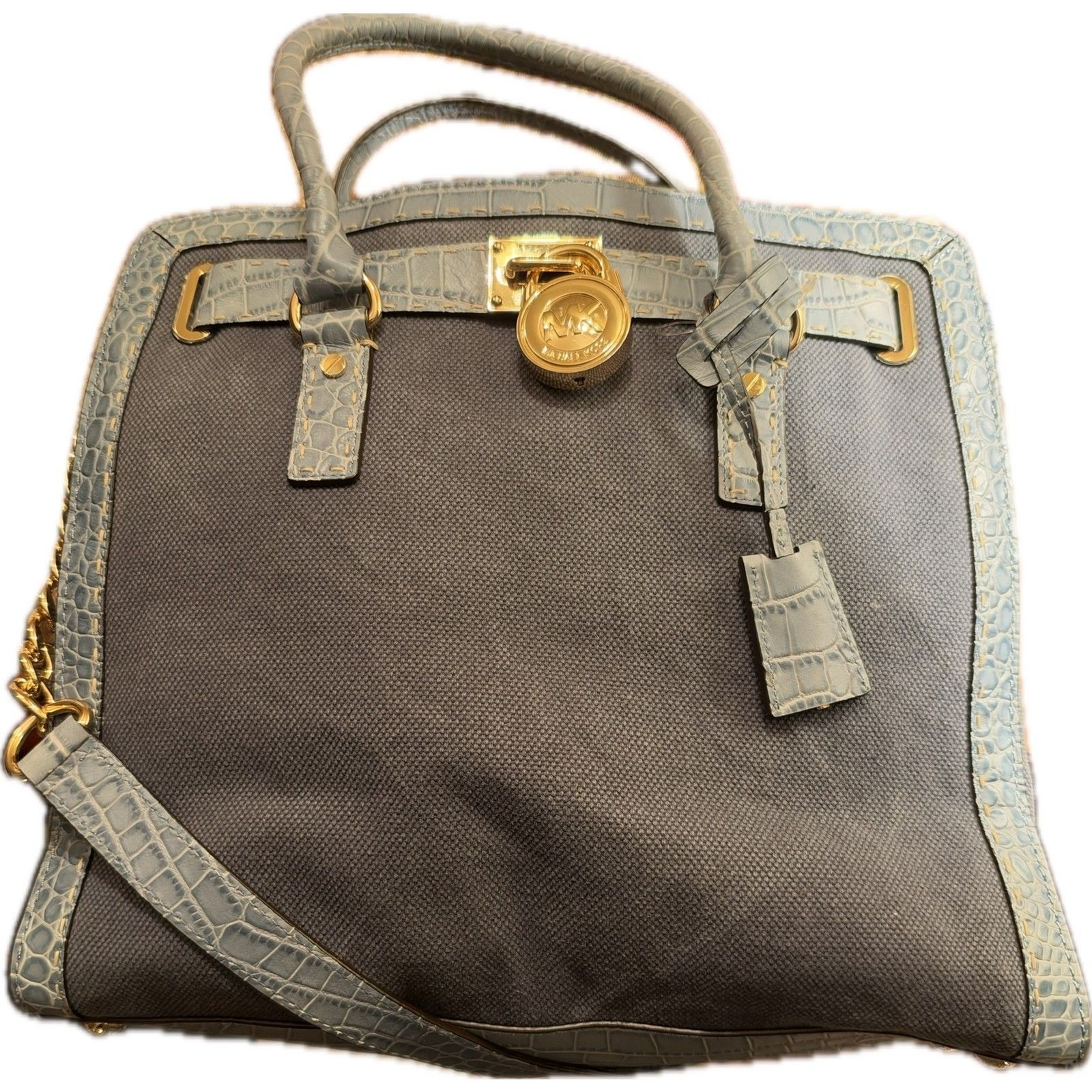 Michael Kors Hamilton Pick Stitch Large NS Canvas Tote Bag Denim Blue NWT