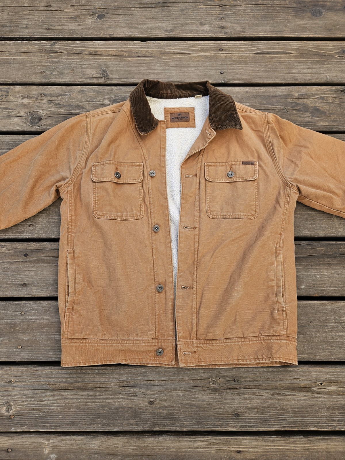 WOOLRICH Mens Mill Wood Corduroy Trucker Jacket Sherpa Lined Tan Brown Medium M