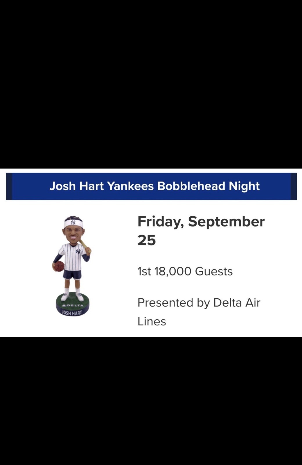Josh Hart New York Knicks Yankees Bobblehead SGA 09/25/2026 ships 2 days