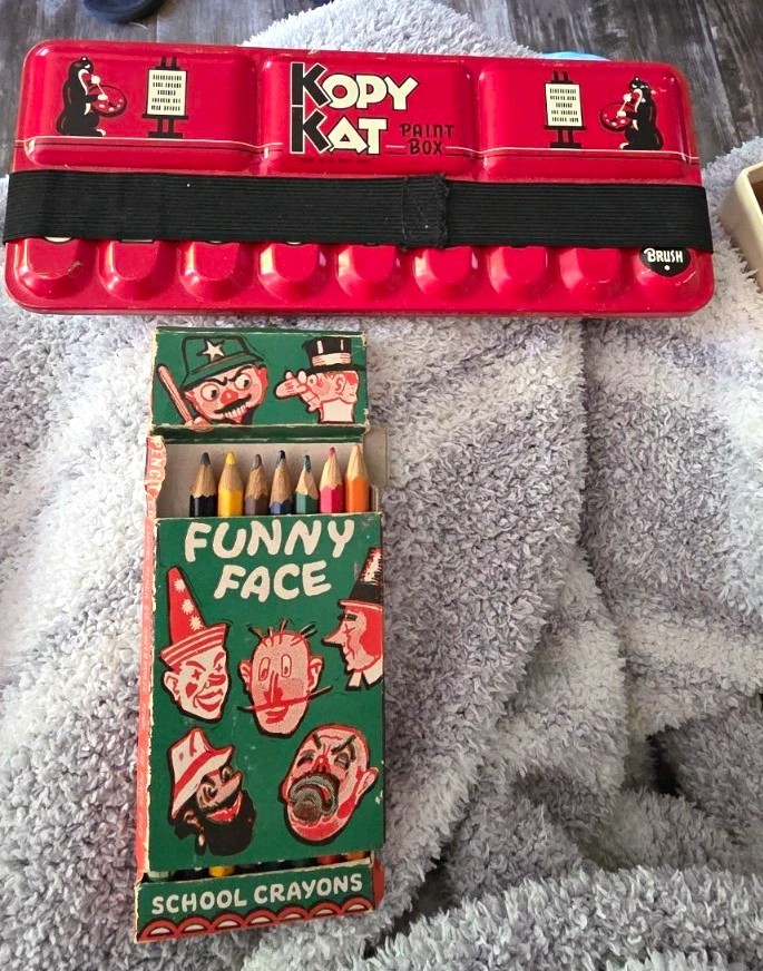 Vintage Kopy Kat Paint Box Tin w Brush Funny Face Crayons 1930s 1950s Art Lot
