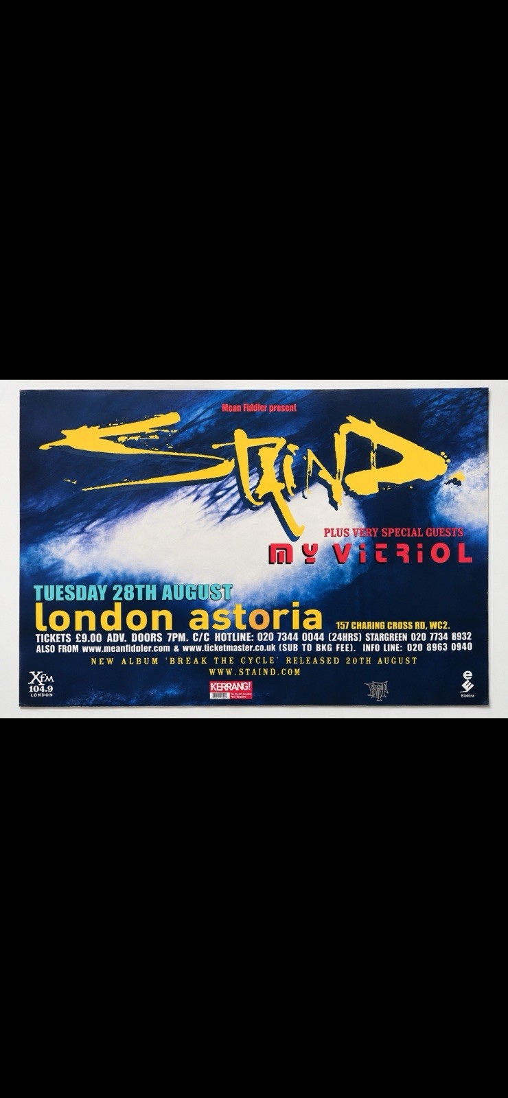 Staind + My Vitriol London Astoria Concert Poster Tuesday 28th August