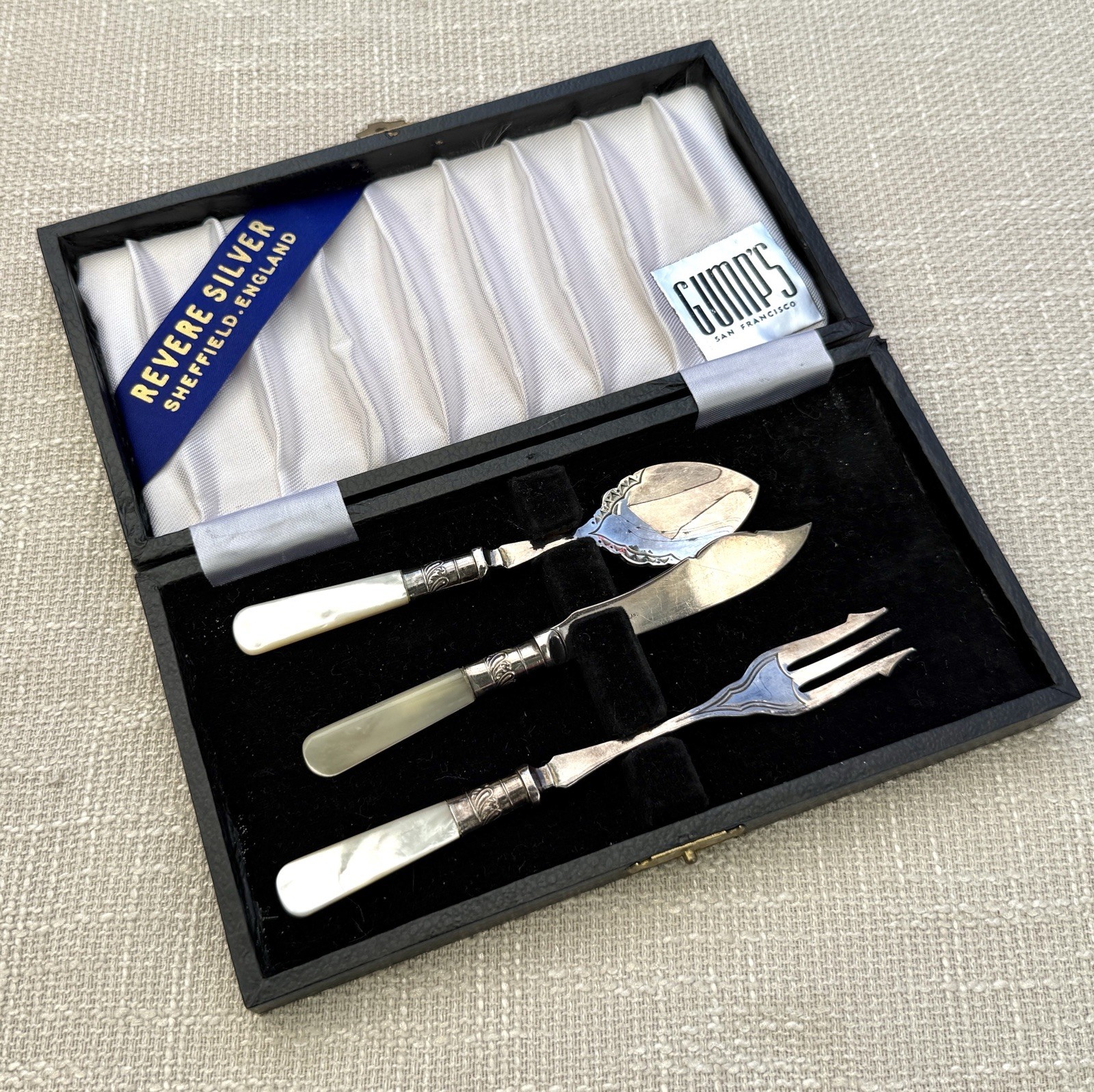 Vintage Revere Silver Sheffield EPNS 3pc MOP Serving Set Gump’s San Francisco