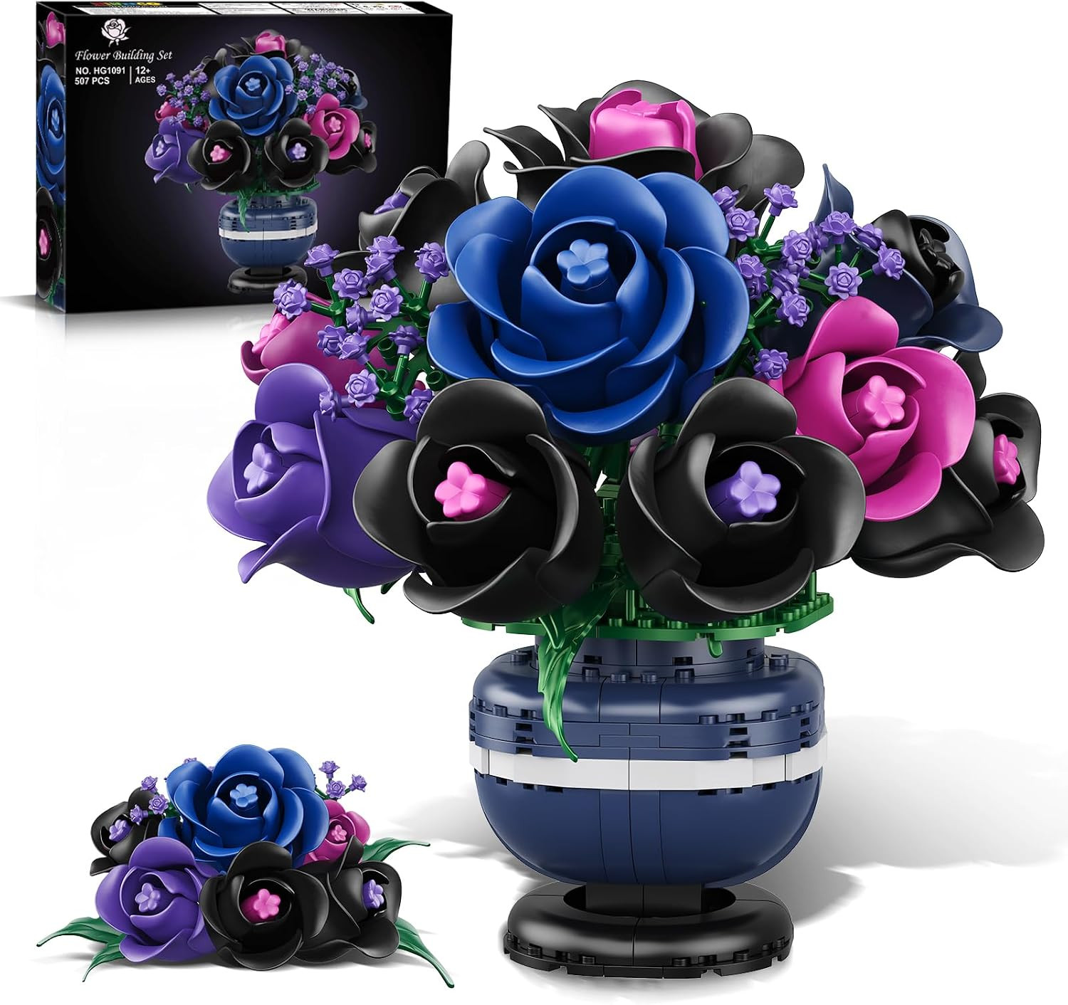 Purple Flowers Botanicals Building Set 507PCS | Purple Black Rose Bon...