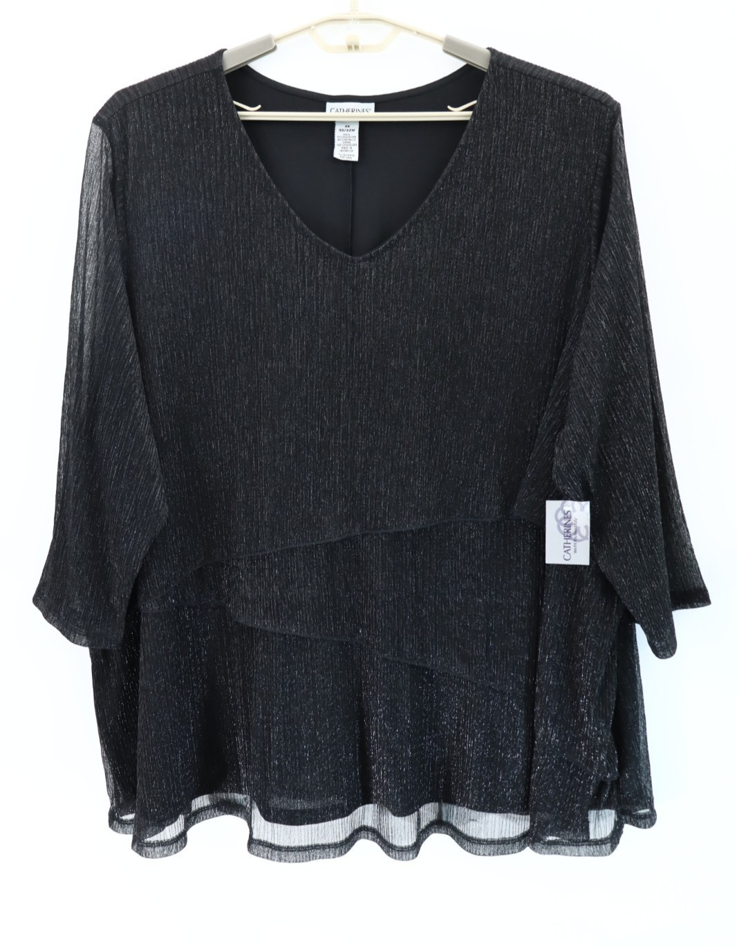 NWT CATHERINES Women\'s Stretch Polyester Blouse Layered Shimmer Black 4X 30W 32W