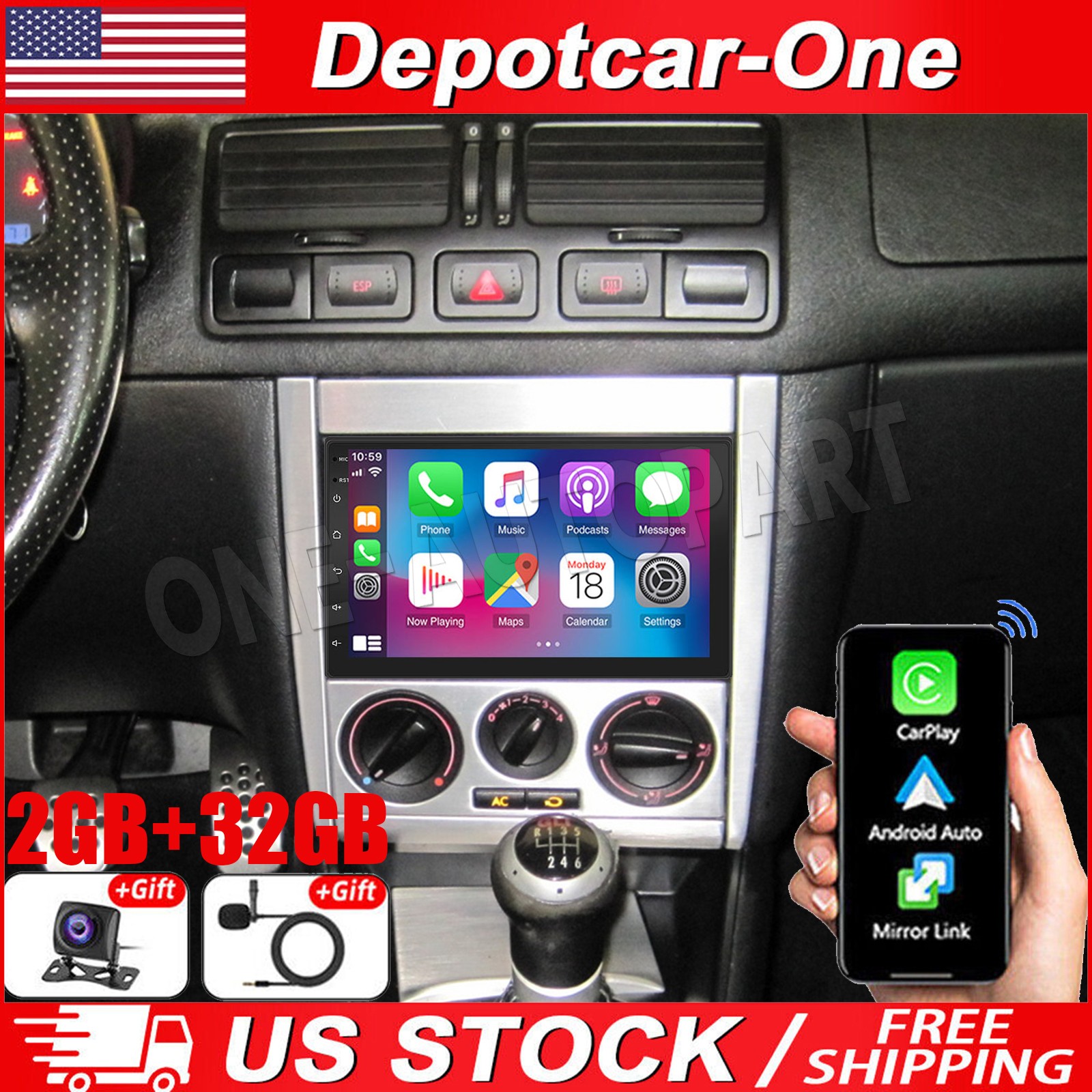 7\'\' Car Radio Stereo For VW Golf 1998-2006 Android 13 Apple CarPlay GPS Player