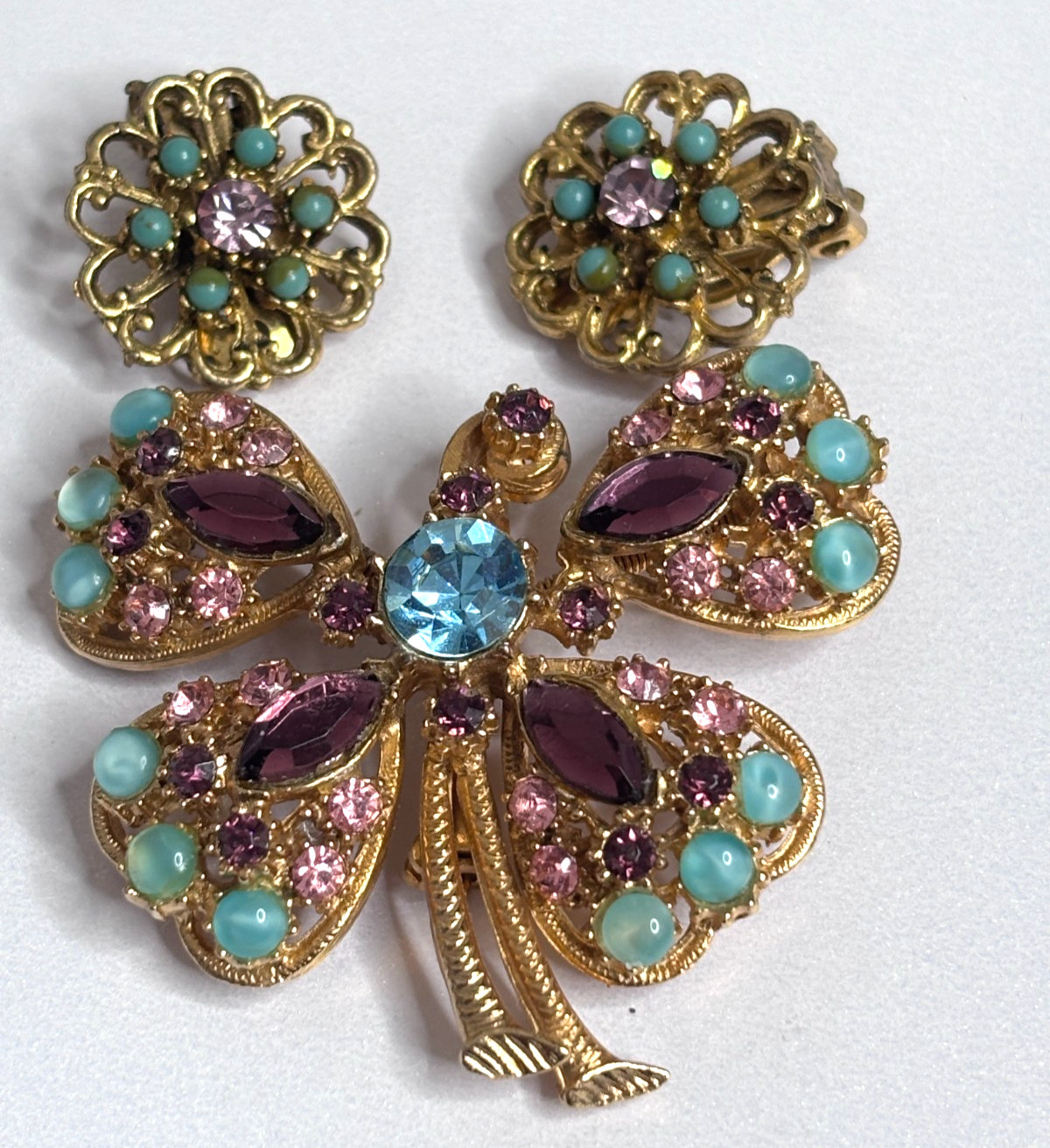 Vintage Florenza Trembler Butterfly Brooch Purple Blue Gold + Earrings 2\