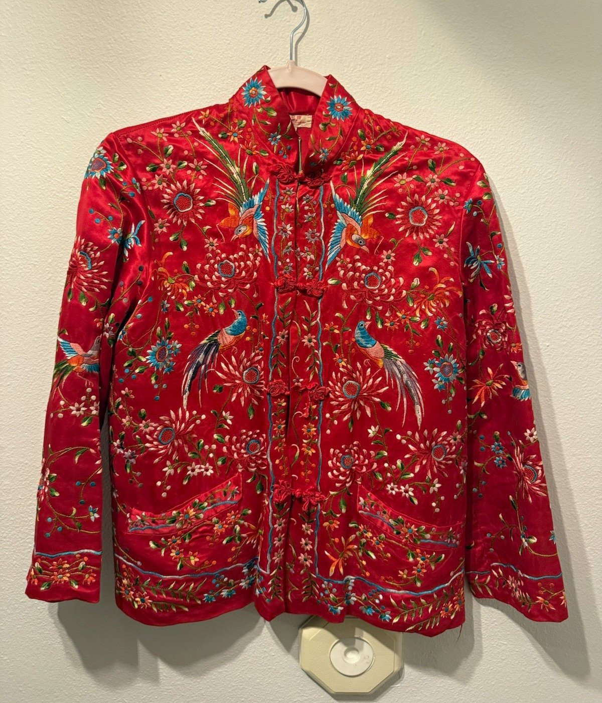 Vintage 60s Red Silk Satin Hand Embroidered Chinese Jacket by Plum Blossoms