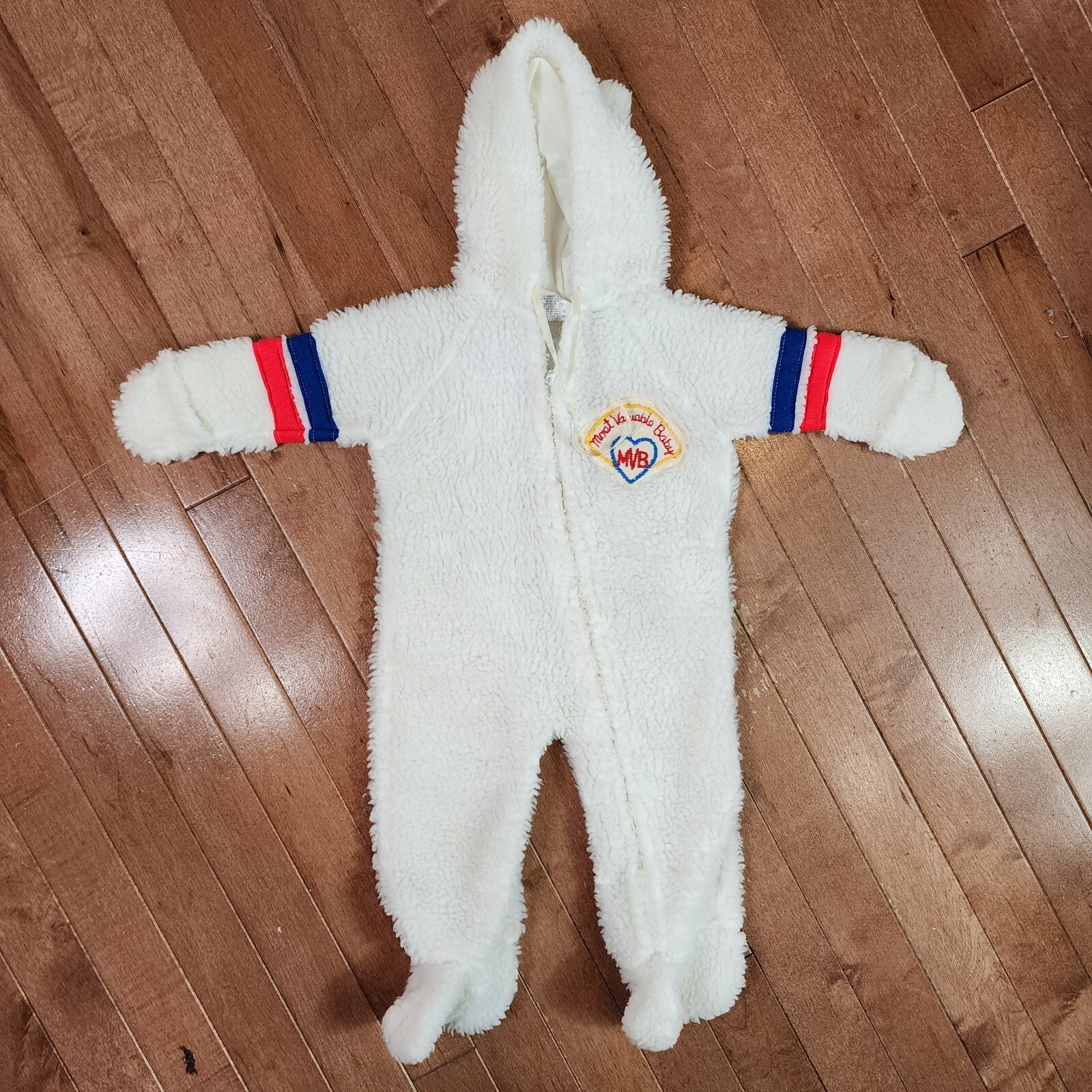Vintage Baby Zip One Piece Cold Weather Playsuit Fleece Sherpa 9/18 Months White